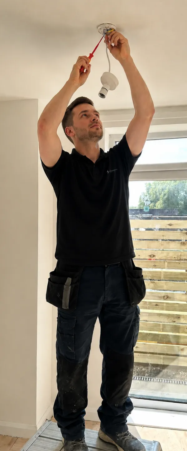 Qualified electrician working on fuse board
